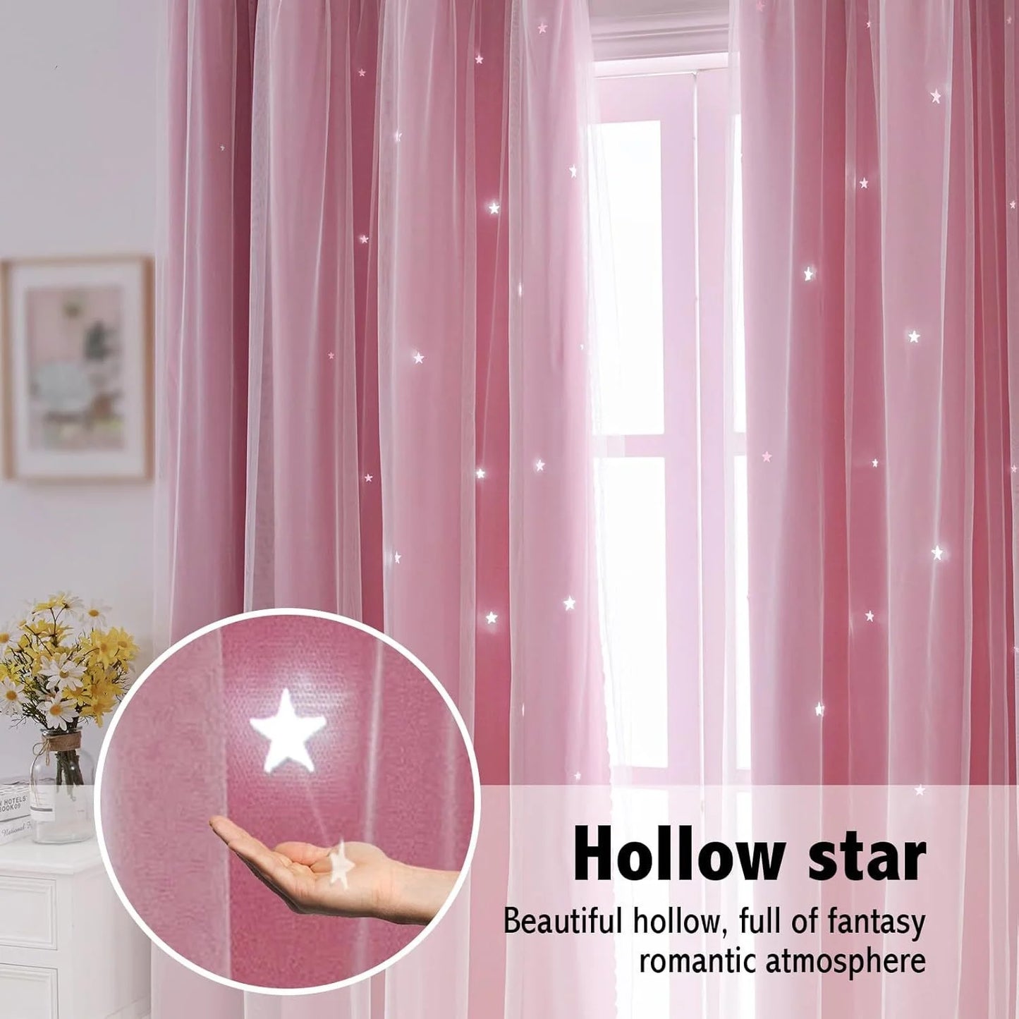 2 Panel Blue Romantic Sheer Girls Curtains Double-Layer Princess Curtains Hollow Stars Blackout Curtains Star Ins Gauze Curtains