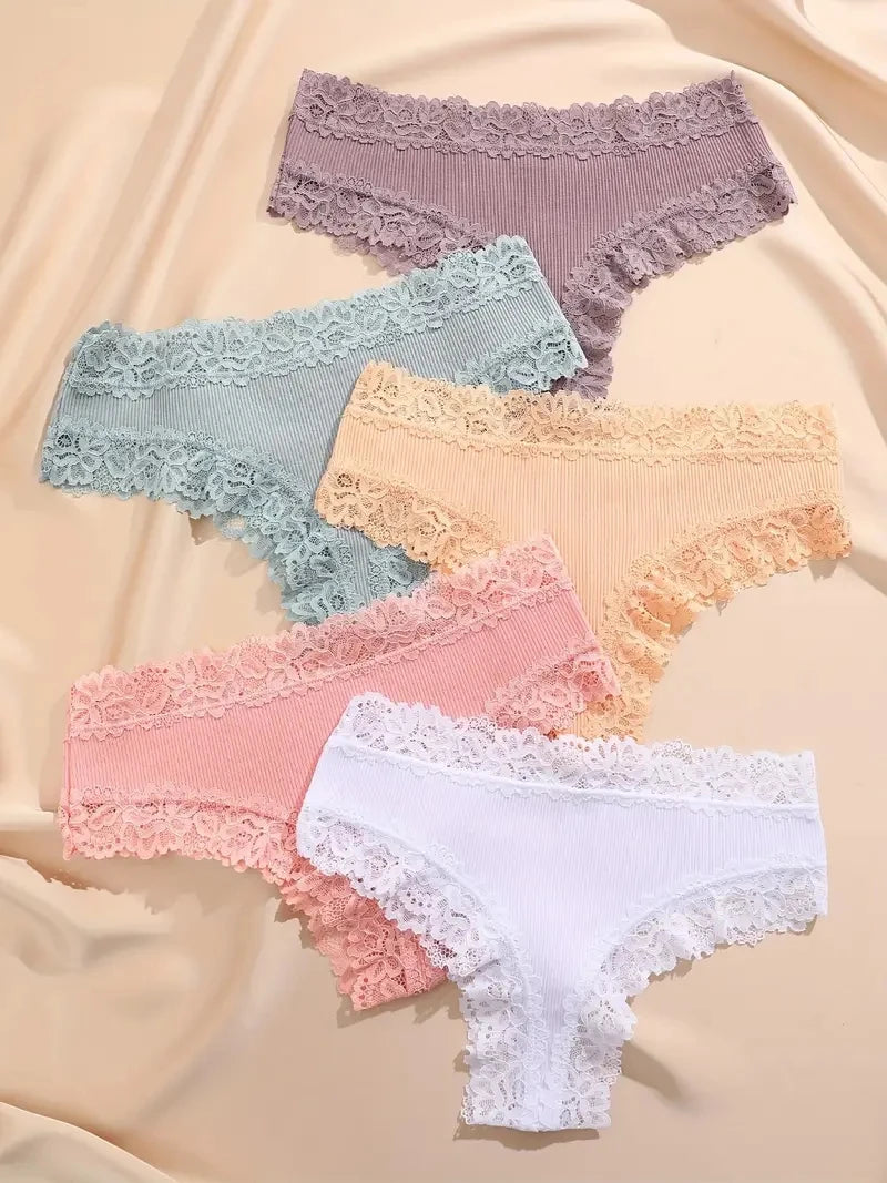 5 Pcs Set Women Cotton Floral Lace Intimate Underwear Trendy Patchwork Lace Briefs Soft Lingerie S-XL