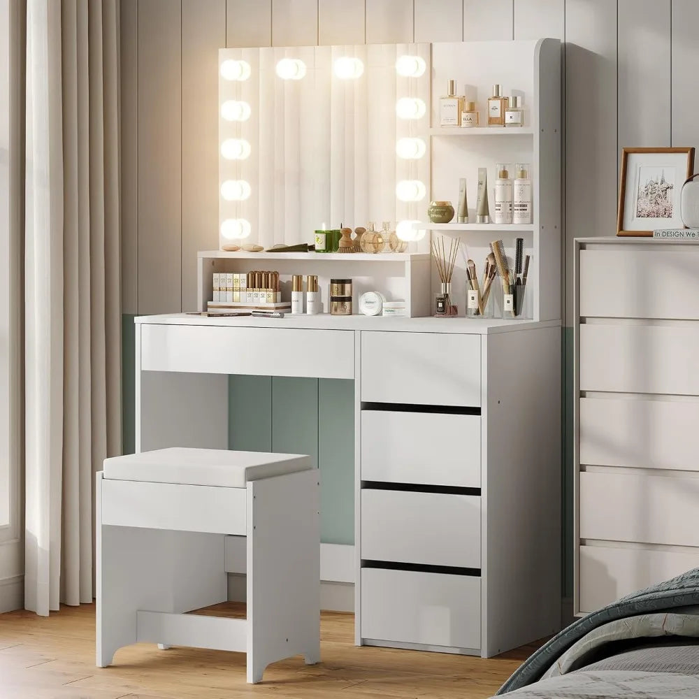 37 Inch White Vanity Desk with Lights and Adjustable Brightness Vanity Mirror Set with 5 Drawers for Bedroom