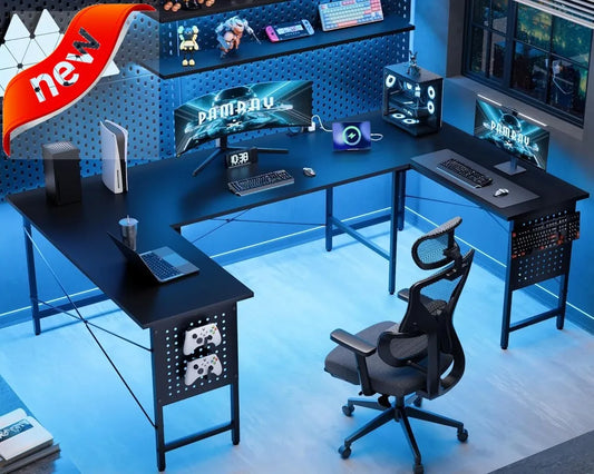 71 Inch U-Shaped Corner Desk with Power Outlets & USB Ports for Home Office Gaming Black