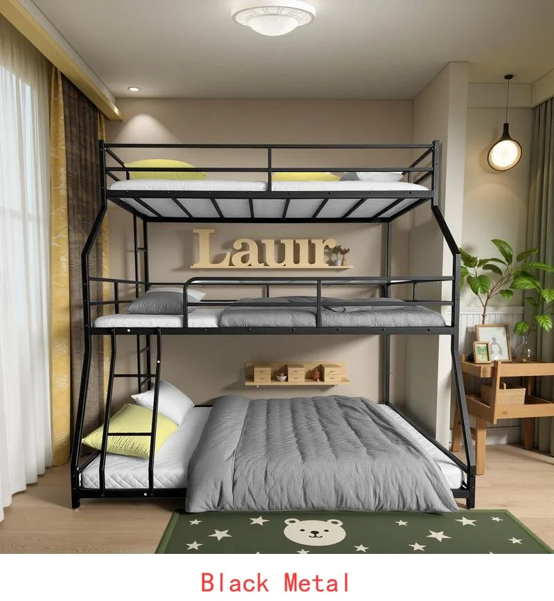 Triple Bunk Bed with Long & Short Ladder, Full-Length Guardrails, Easy Assembly, for Kids, Black Finish