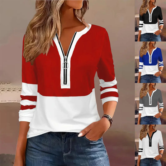 Plus Size Long Sleeve T-Shirt with Geometric Stripes & Color Block Ring Zipper Detail - Fall Fashion