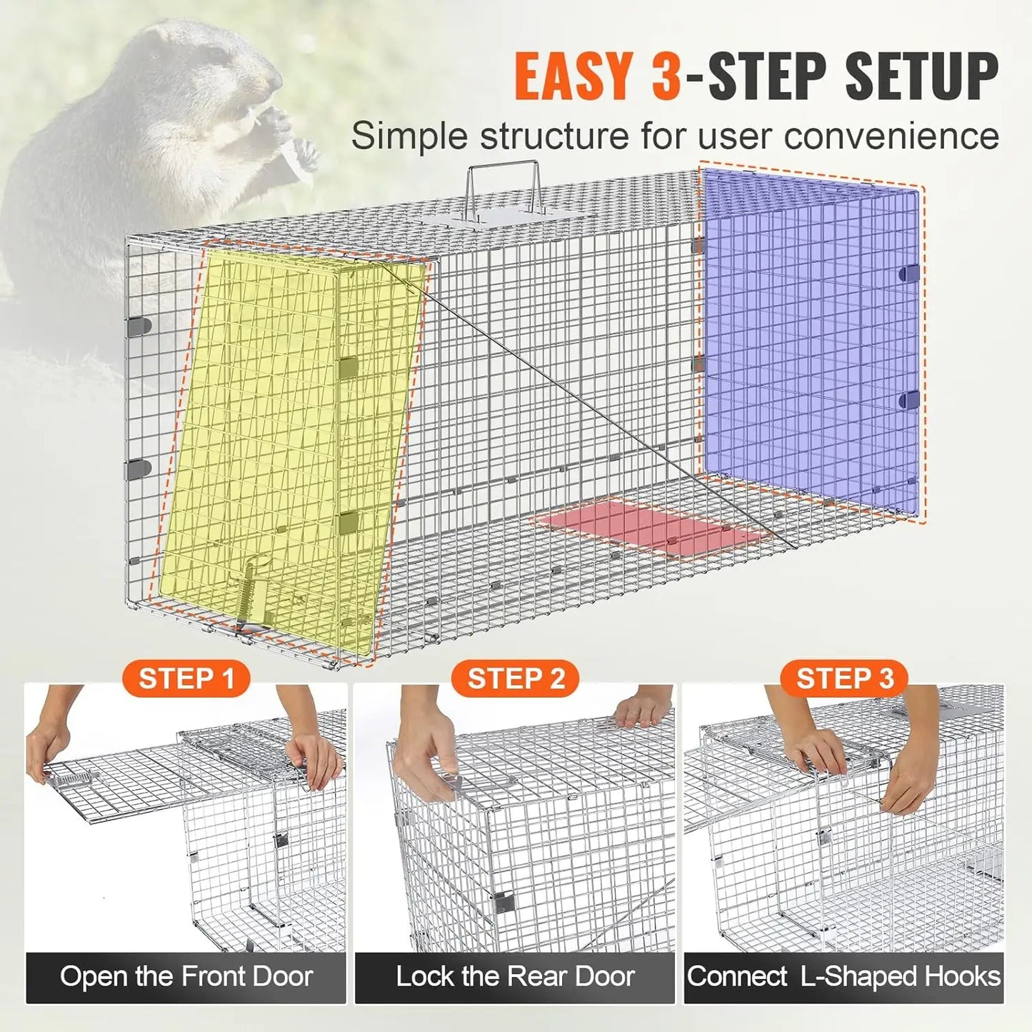 Live Animal Cage Trap 42 Inch x 16 Inch x 18 Inch Humane Cat Trap Galvanized Iron Folding Animal Trap Cage with Handle