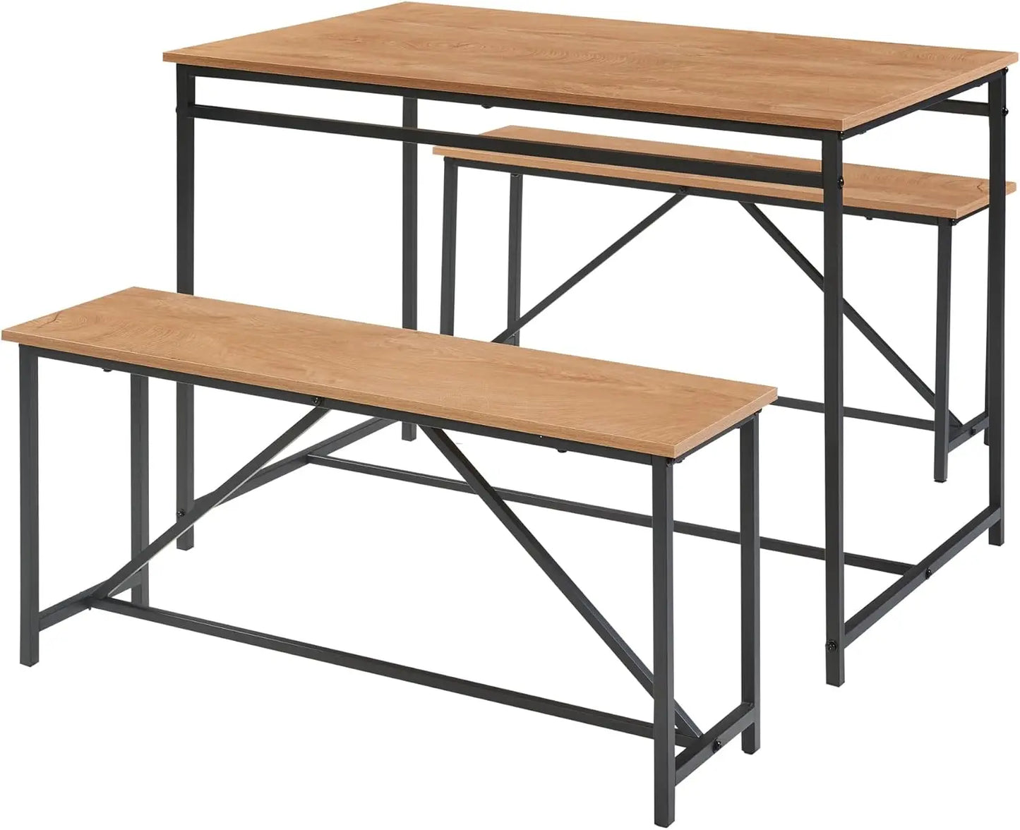3 Piece Dining Room Table Set 43 Inch Kitchen Table with Two Benches Breakfast Table Top Metal Frame
