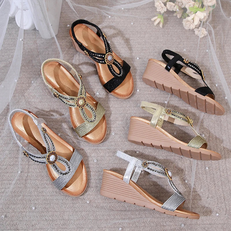Platform Sandals 2026 New Arrival, Wedge Heel Women'S Sandals Beach Shoes Fashionable Rhinestone Comfortable Trendy Women