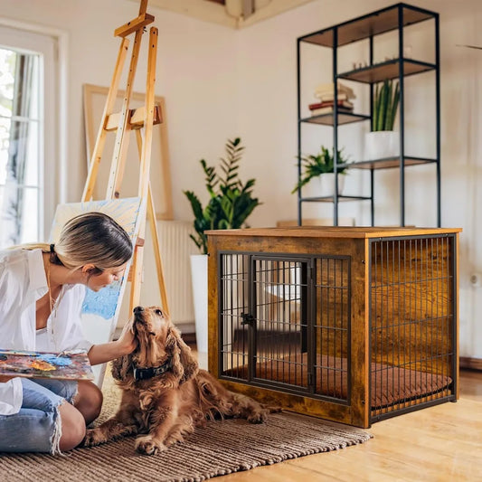 Dog Crate Furniture with Thick Cushion Wooden Side End Table Dog Cage with Double Doors Chew Resistant Kennel for Home