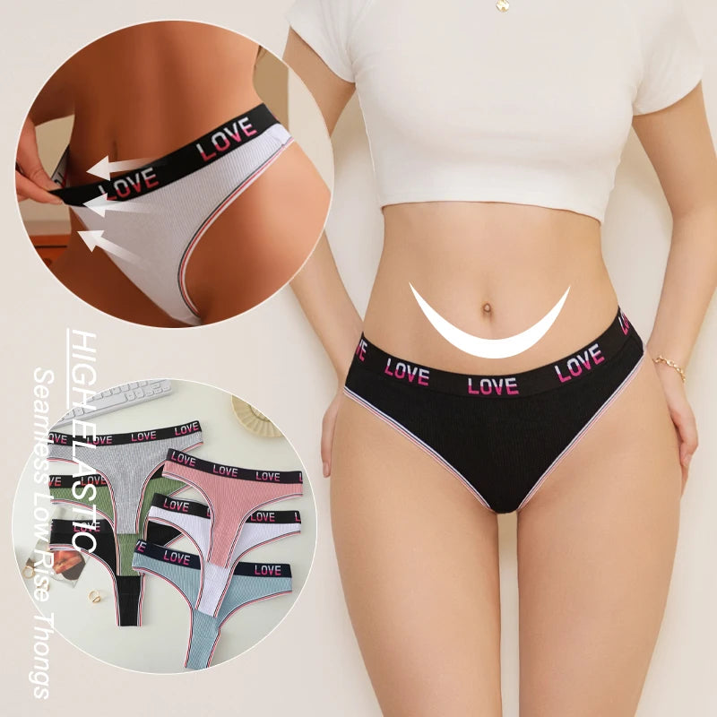 6PCS Set Women Cotton Thongs Sexy Low Waist T Back Thongs Ribbed Comfortable Female Underwear Ladies G String Lingerie S to XL