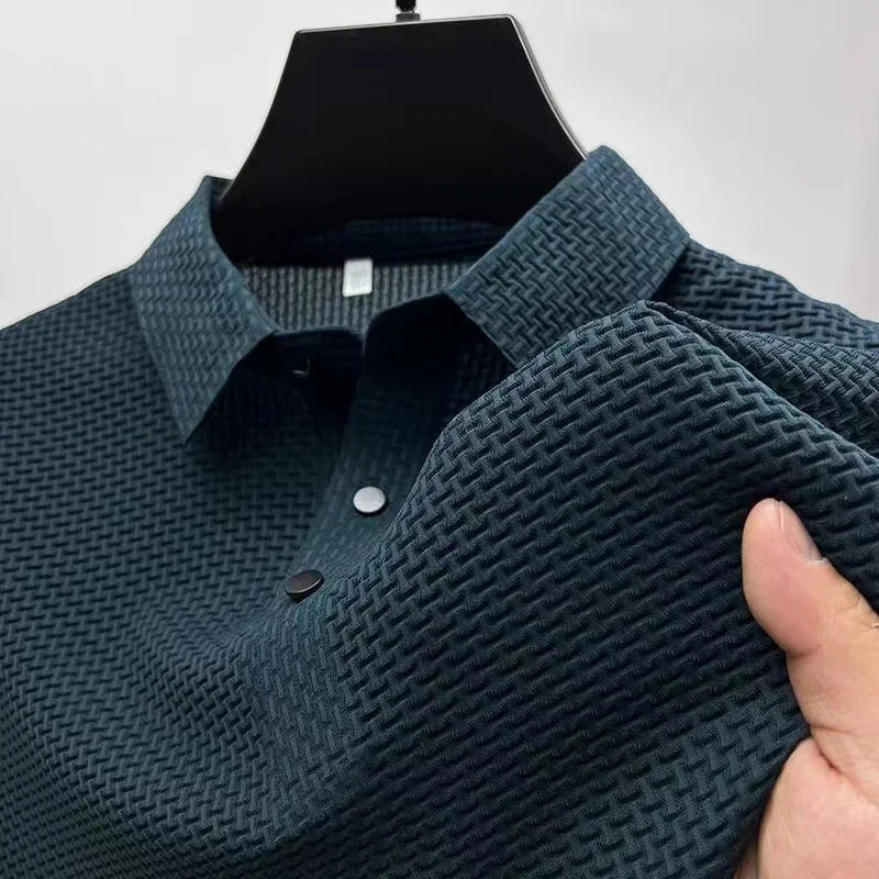 New Men's Business Casual Short Sleeve Bone Flower Solid Color Polo Shirt Breathable Comfortable Summer Versatile Top