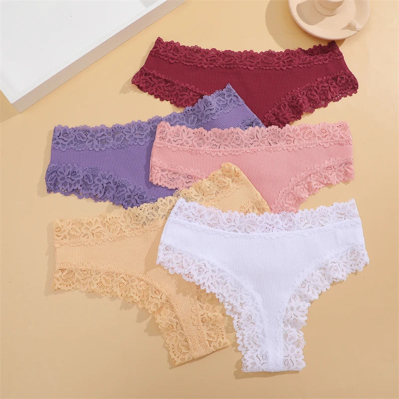 5 Pcs Set Women Cotton Floral Lace Intimate Underwear Trendy Patchwork Lace Briefs Soft Lingerie S-XL