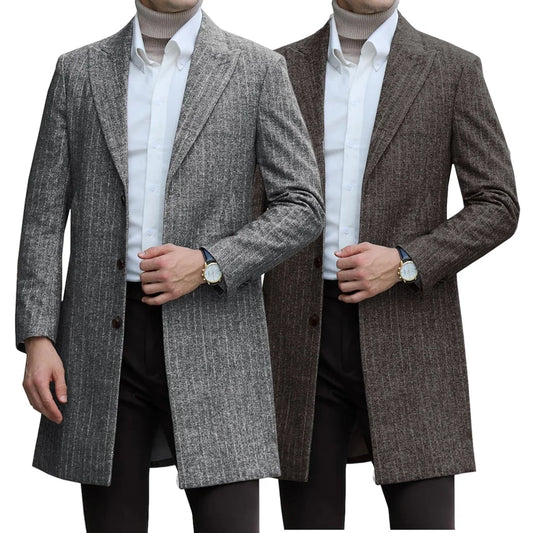 Men's Fashion Warm Casual Woolen Coat Long Overoat 2025 New Autumn/Winter Solid Color Woolen Coat Slim Fit Long Windbreaker Coat