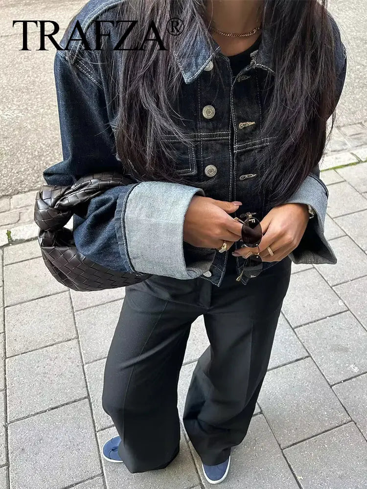 Trafa Women Vintage Denim Jacket and Pant Set Single Breasted Lapel Long Sleeve Coat Wide Leg Trousers High Street Outfit