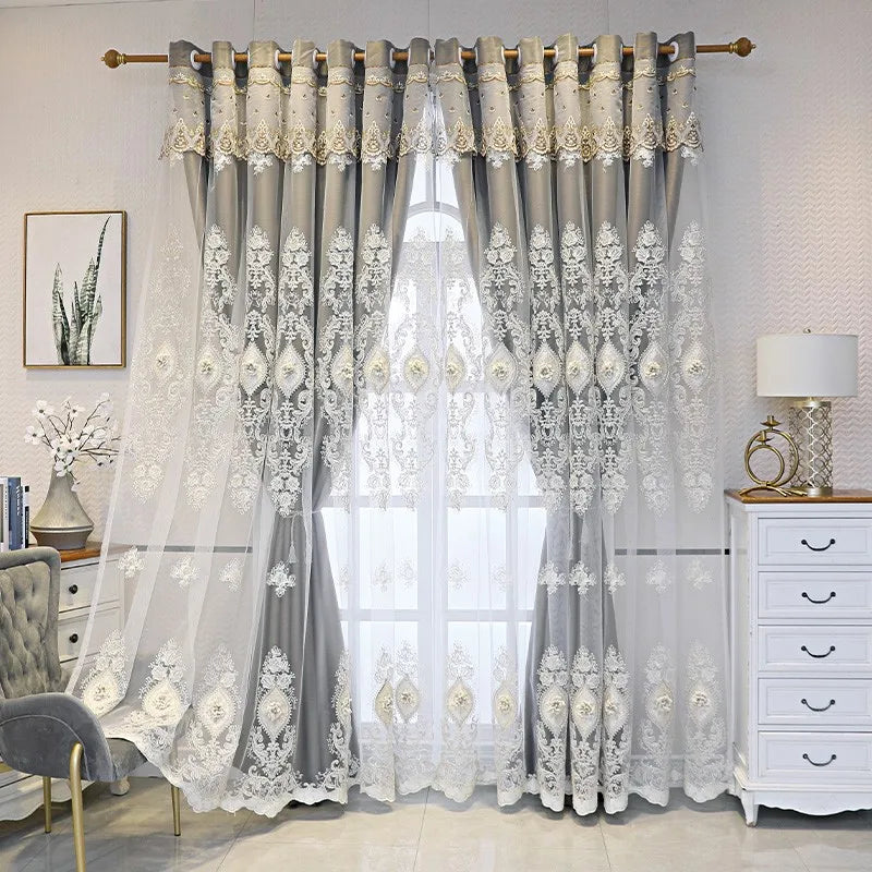 1PC Curtains,Luxury vintage-style embroidered curtains with 3D relief patterns, dual-layer design for privacy and light control