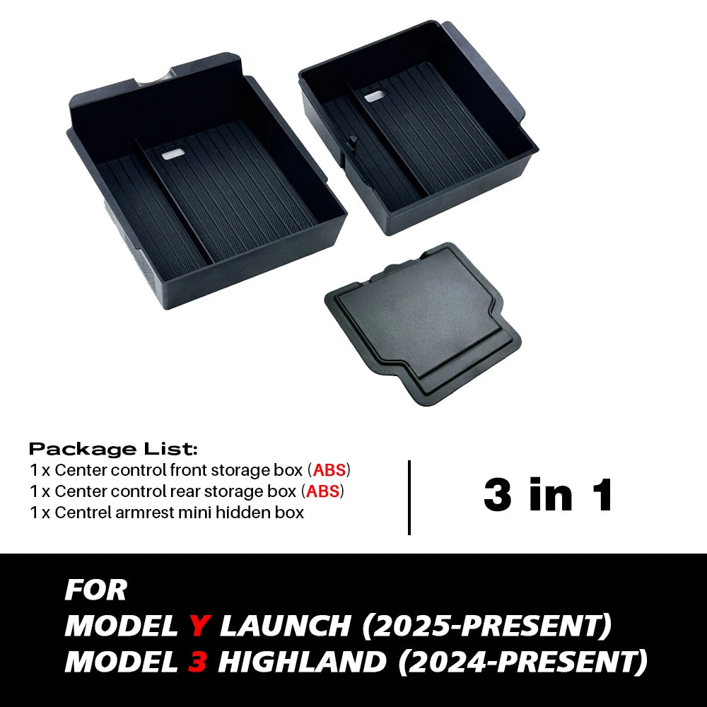Console And Armrest Storage Box For Tesla New Model Y 2025 Juniper ABS With Silicone Non Slip Mat And Water Cup Holder