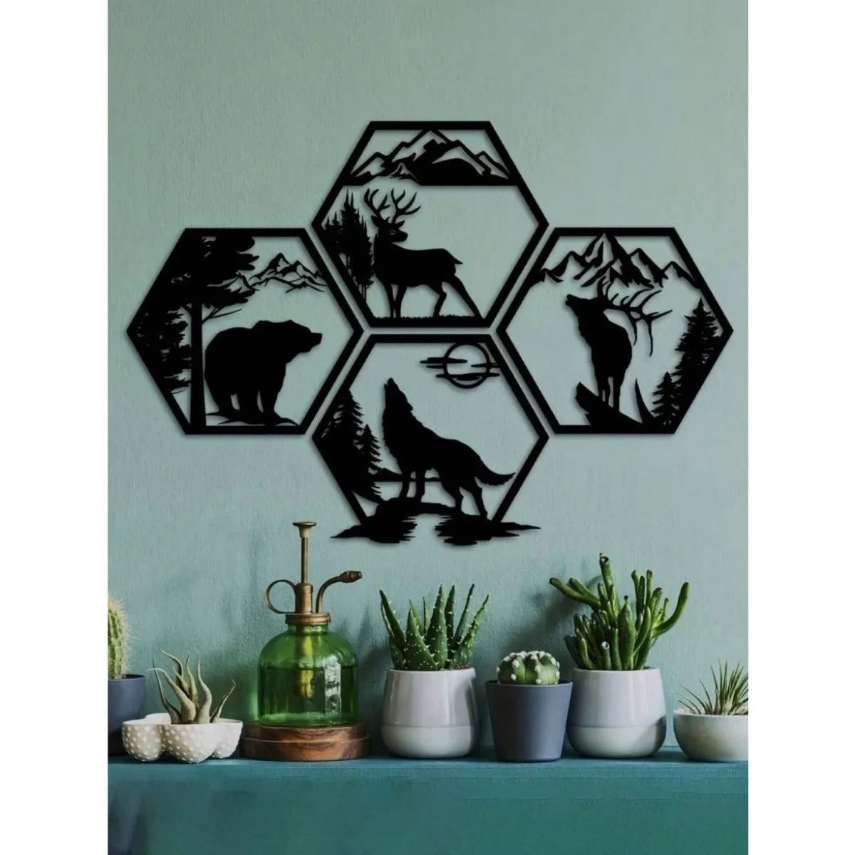 4PC Hexagon Animal (Deer/Wolf/Bear) Metal Wall Sculpture | Rustic Black Decor | Halloween & Christmas Gift