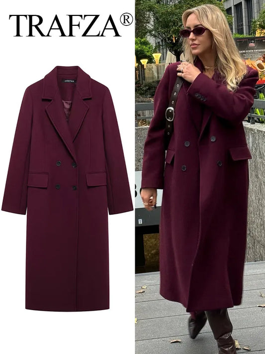 TRAFZA Woolen Coat For Women Double Breasted Outerwear