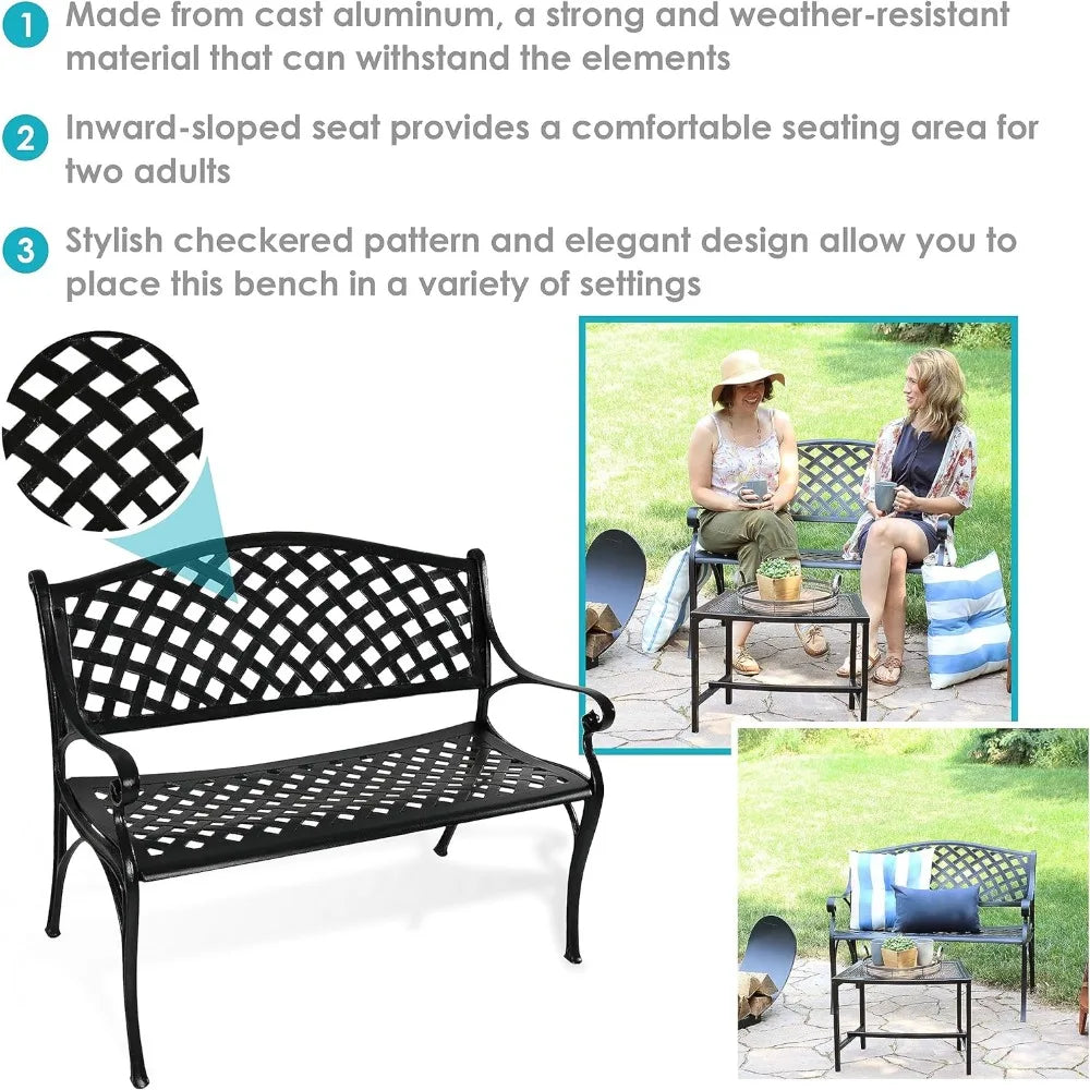 2 Person Cast Aluminum Garden Bench with Checkered Design 615 Pound Weight Capacity 39 Inch Wide Black