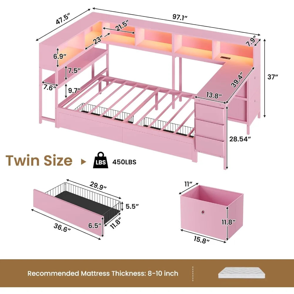 Color Corner Bed Frame With Desk Charging Station Lights
