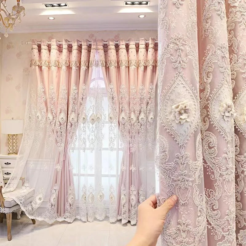 1PC Curtains,Luxury vintage-style embroidered curtains with 3D relief patterns, dual-layer design for privacy and light control