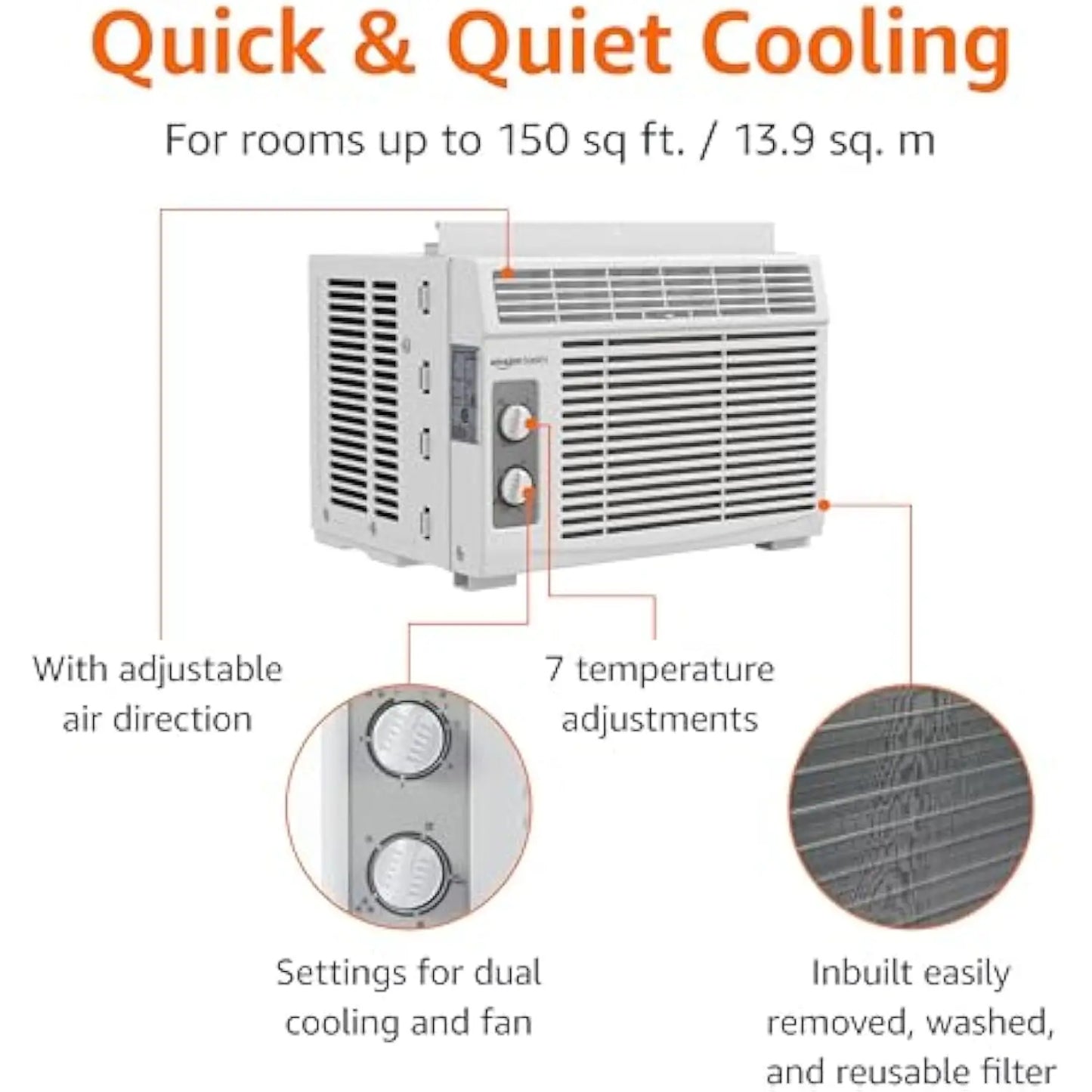 5000-24000BTU WIFI Small Window Air Conditioner, 150-1500 Sqf, Window AC Units with Cool and Fan Functions, Washable Filter