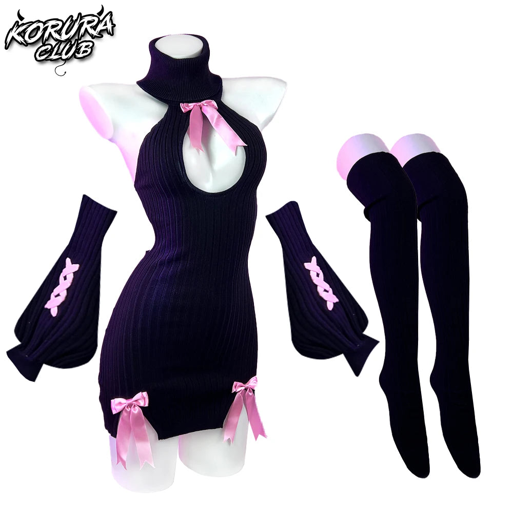 KORURACLUB autumn and winter Bowknot Sexy Black Knitted dress stockings Pink straps Backless Soft girl Turtleneck sweater