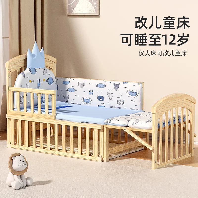 Wood Baby Crib with Diaper Table Newborn Baby Bed Multifunctional Baby Rocking Bed with Wheels and Mosquito Net