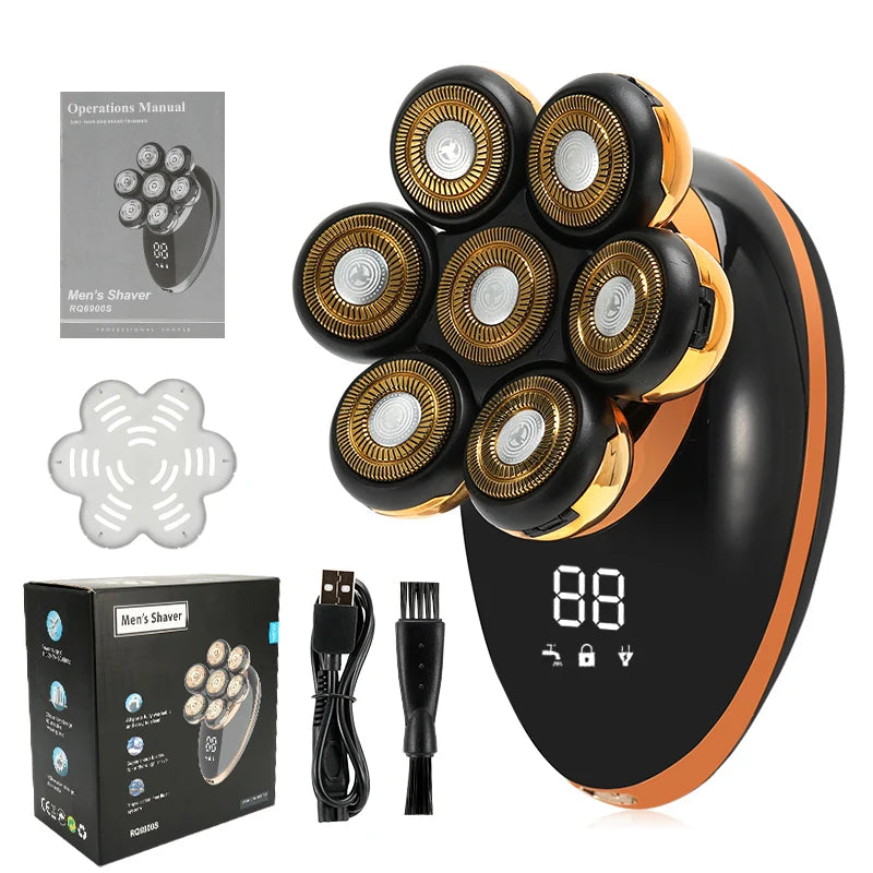 Men 7D Floating Electric Shaver Wet Dry Beard Hair Trimmer Rechargeable Bald Head Razor with LCD Display