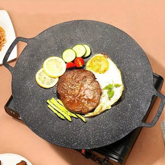 Korean Grill Pan,Nonstick Round Griddle Grill Pan for BBQ,Round BBQ Griddle with Handle,Multifunctional Stove Plate for Meats