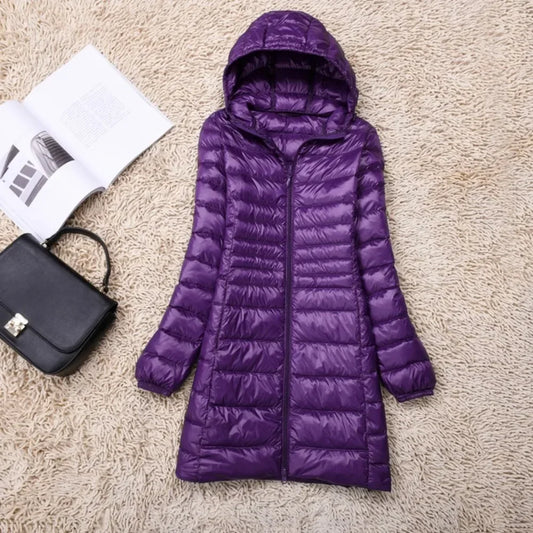 Plus Size White Duck Down Jacket Lightweight Down Coat for Women Hooded Long Winter Wear