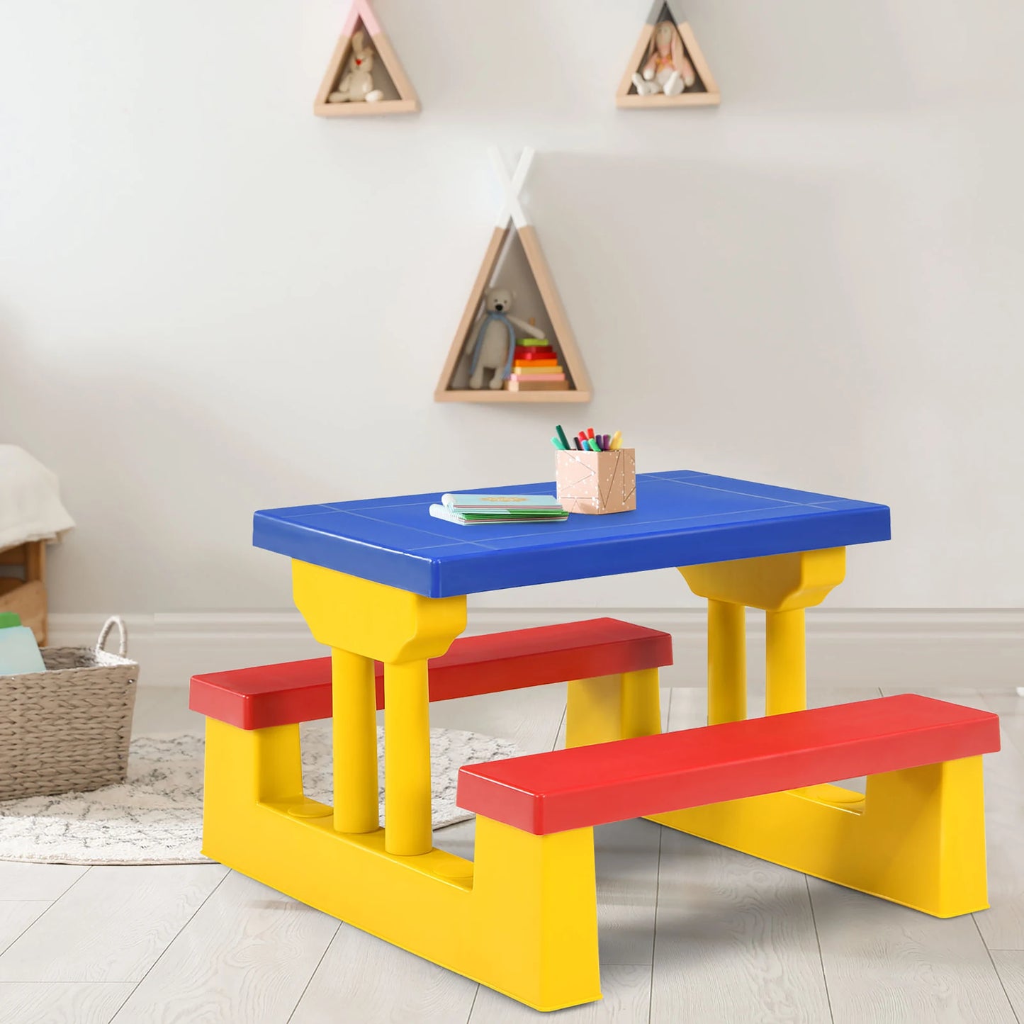 Kids Picnic Table Set With Removable Umbrella For Indoor Outdoor Garden Patio