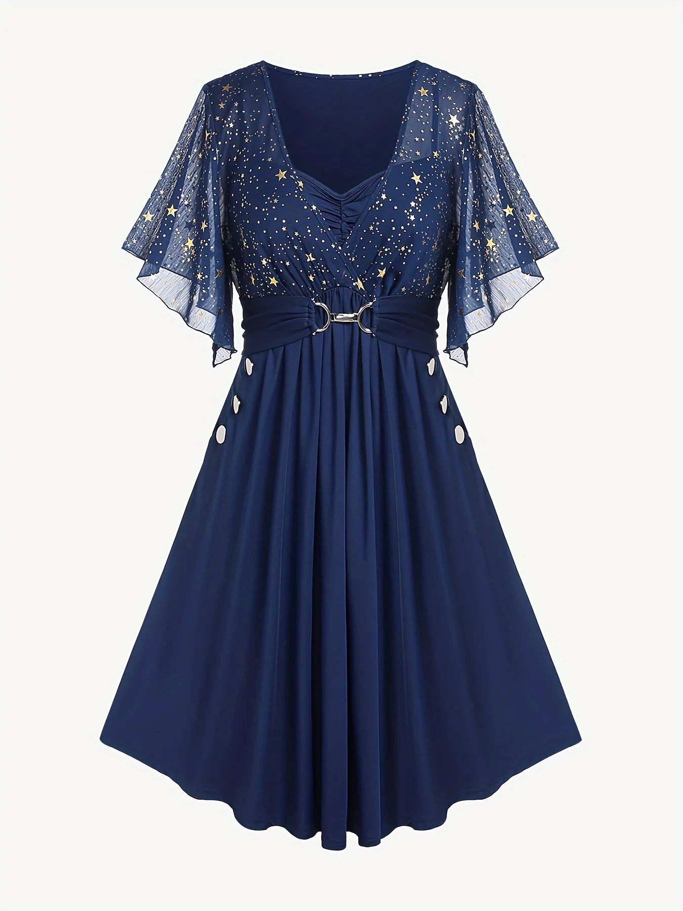 Fashion Women's Plus Size Star Print Button Pocket Pleats Butterfly Sleeve Elegant Dress