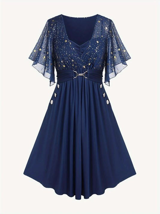 Fashion Women's Plus Size Star Print Button Pocket Pleats Butterfly Sleeve Elegant Dress