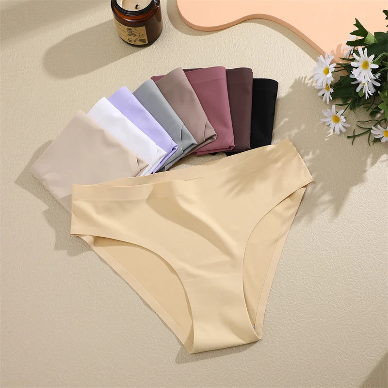 Finetoo 5PCS Seamless Panties for Women Sexy Ice Silk Underwear Solid Briefs Low Waist Comfortable Invisible Lingerie Intimates