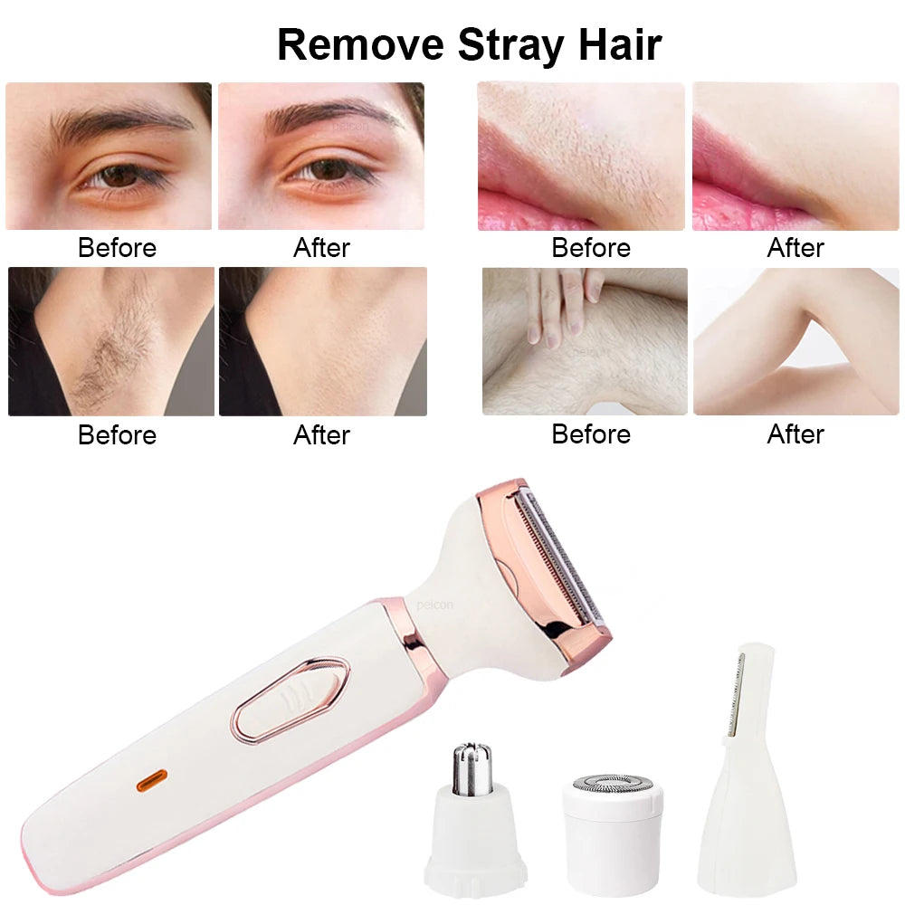 Electric Razor for Women 4 in 1 Hair Trimmer Portable Painless Epilator for Face Armpit Leg and Bikini Body