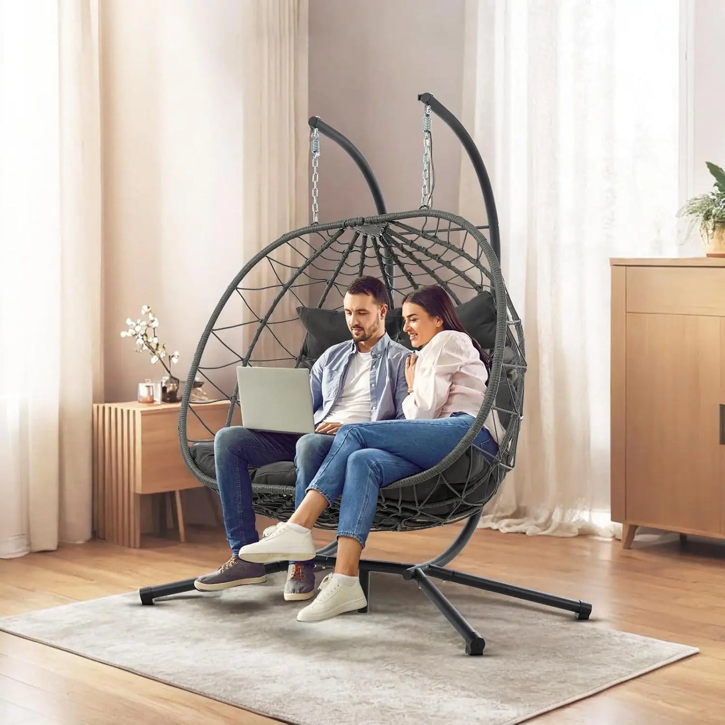 Double Egg Swing Chair with Stand, 2 Person Outdoor Indoor Hammock Hanging Chair with Cushion,Patio Wicker Hanging, Customized
