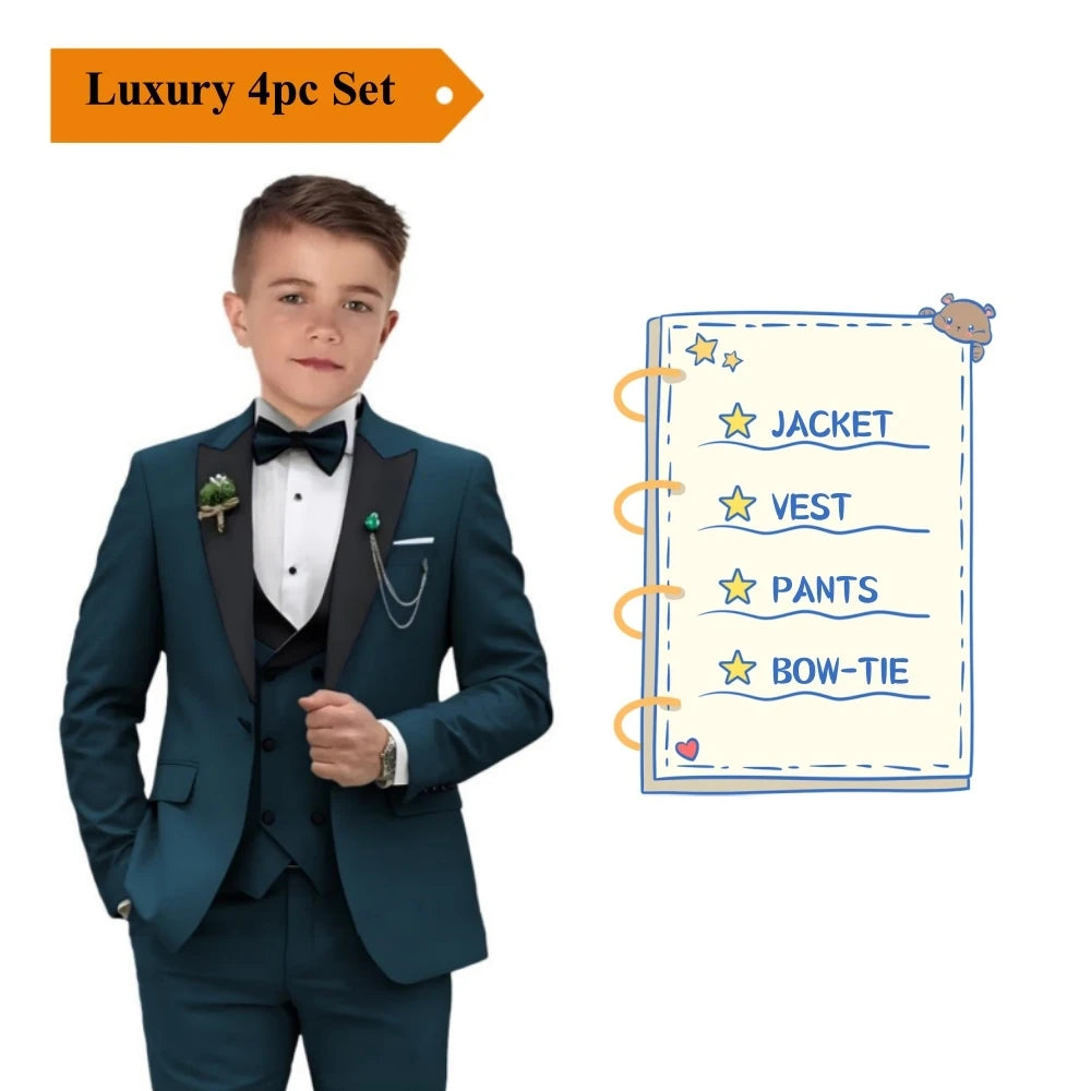 24 Hour Ship Boy's Formal 4 Piece Suit Set Blazer Vest Pants Bow Tie Smart Kids Tuxedo Dress Wedding Ring Bearer