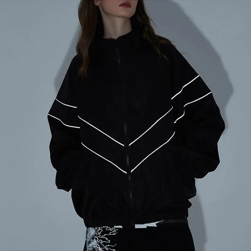 Reflective Striped Jacket Windbreaker Coat 2024 Men Hip Hop Streetwear Zipper Up Jacket Harajuku Thin Coats Sports Black Blue