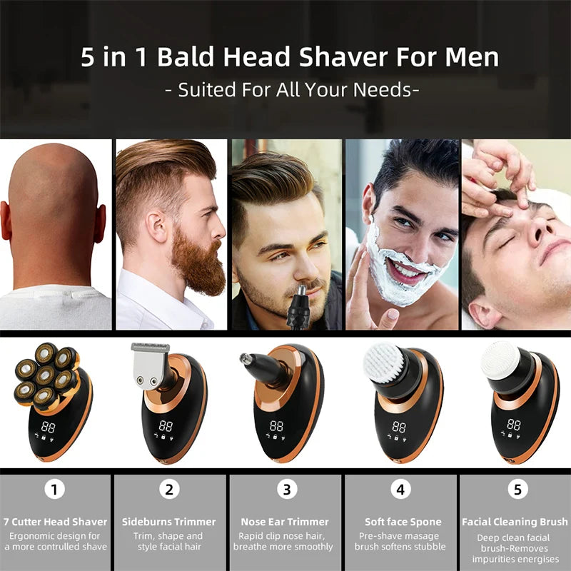 Men 7D Floating Electric Shaver Wet Dry Beard Hair Trimmer Rechargeable Bald Head Razor with LCD Display