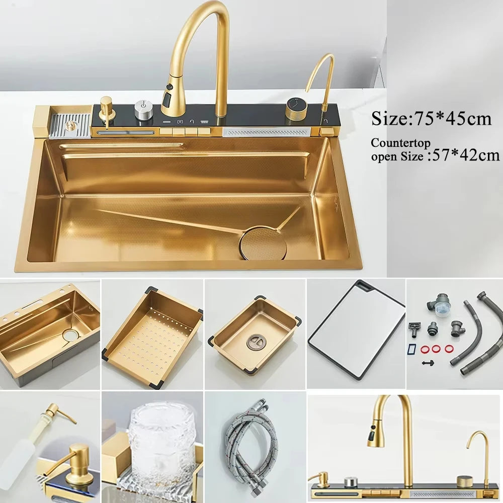 304 Stainless Steel Large Single Slot Waterfall Kitchen Sink with Integrated Digital Display Faucet Set and Soap Dispenser
