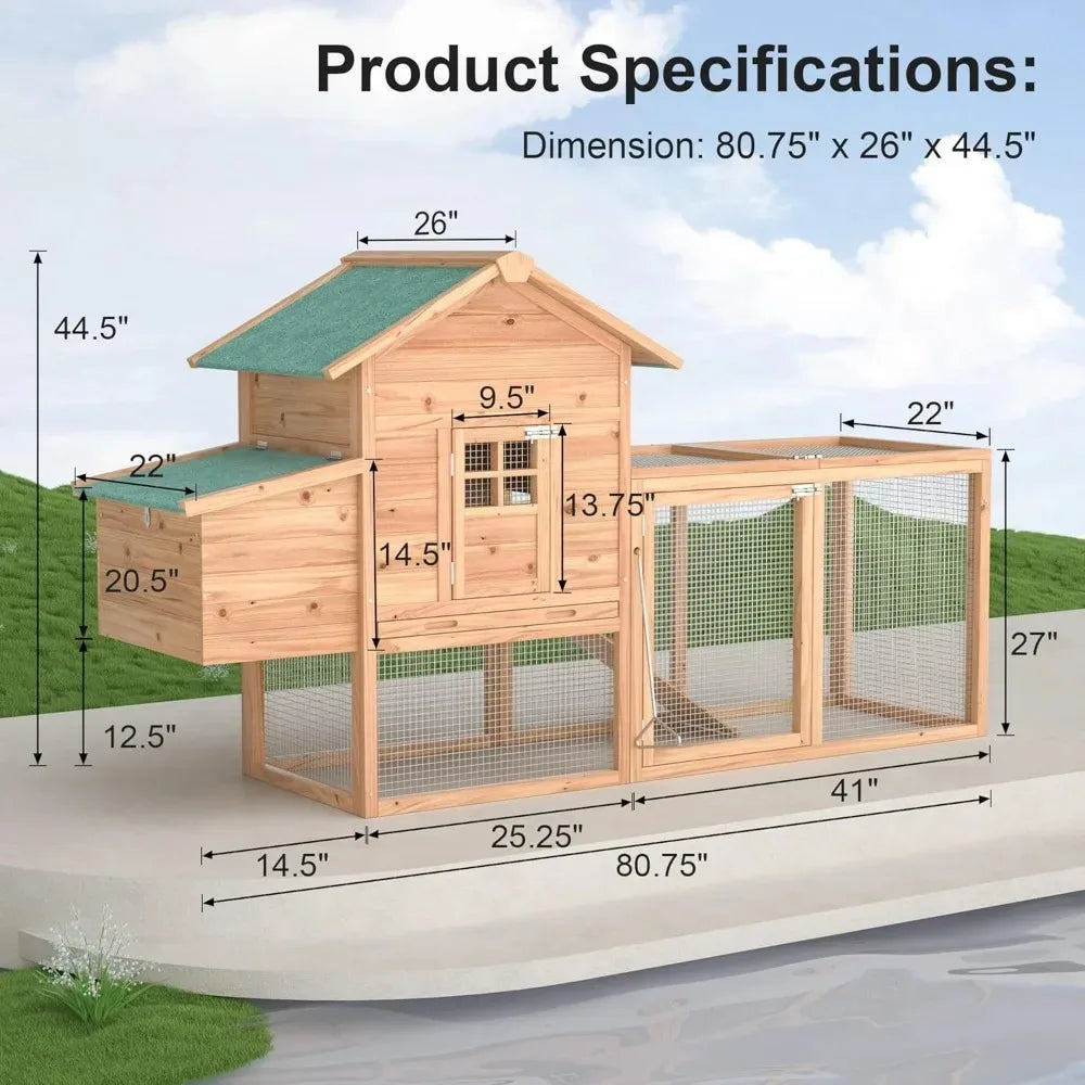 Outdoor Chicken Coop for 2 to 4 Chickens Wooden Hen House Poultry Pet Hutch Run Cage with Waterproof Asphalt Roof and Wire Fence 80 Inches
