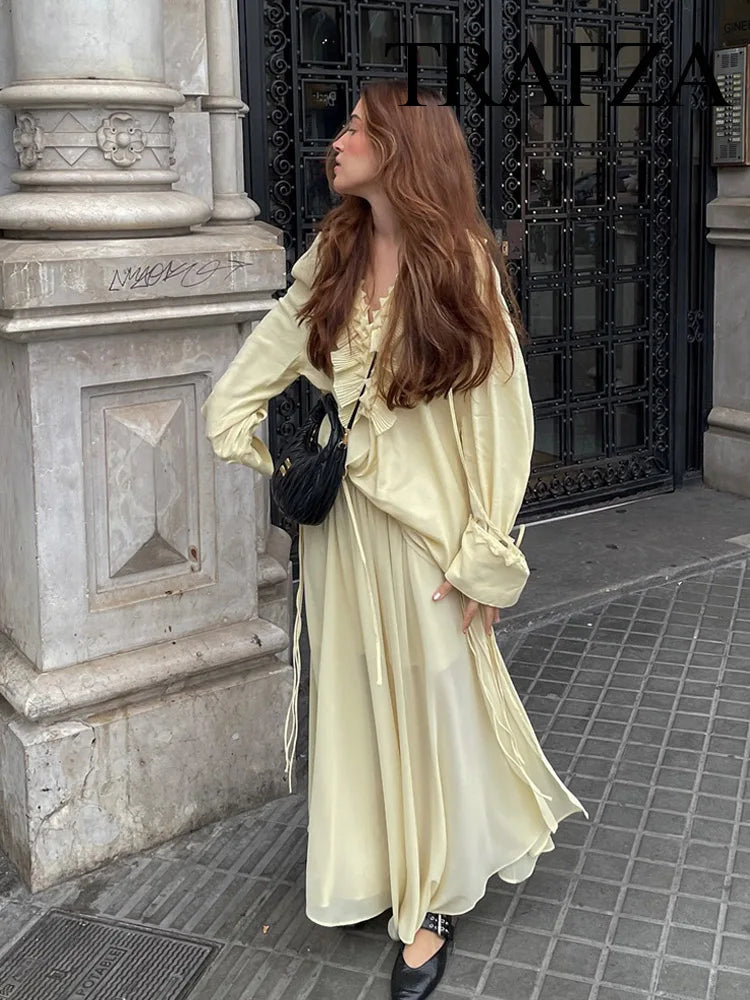 TRAFZA Women Elegant Skirt Suit Long Sleeve Lace Loose Shirt and Zipper Pleated Casual Long Skirt Set
