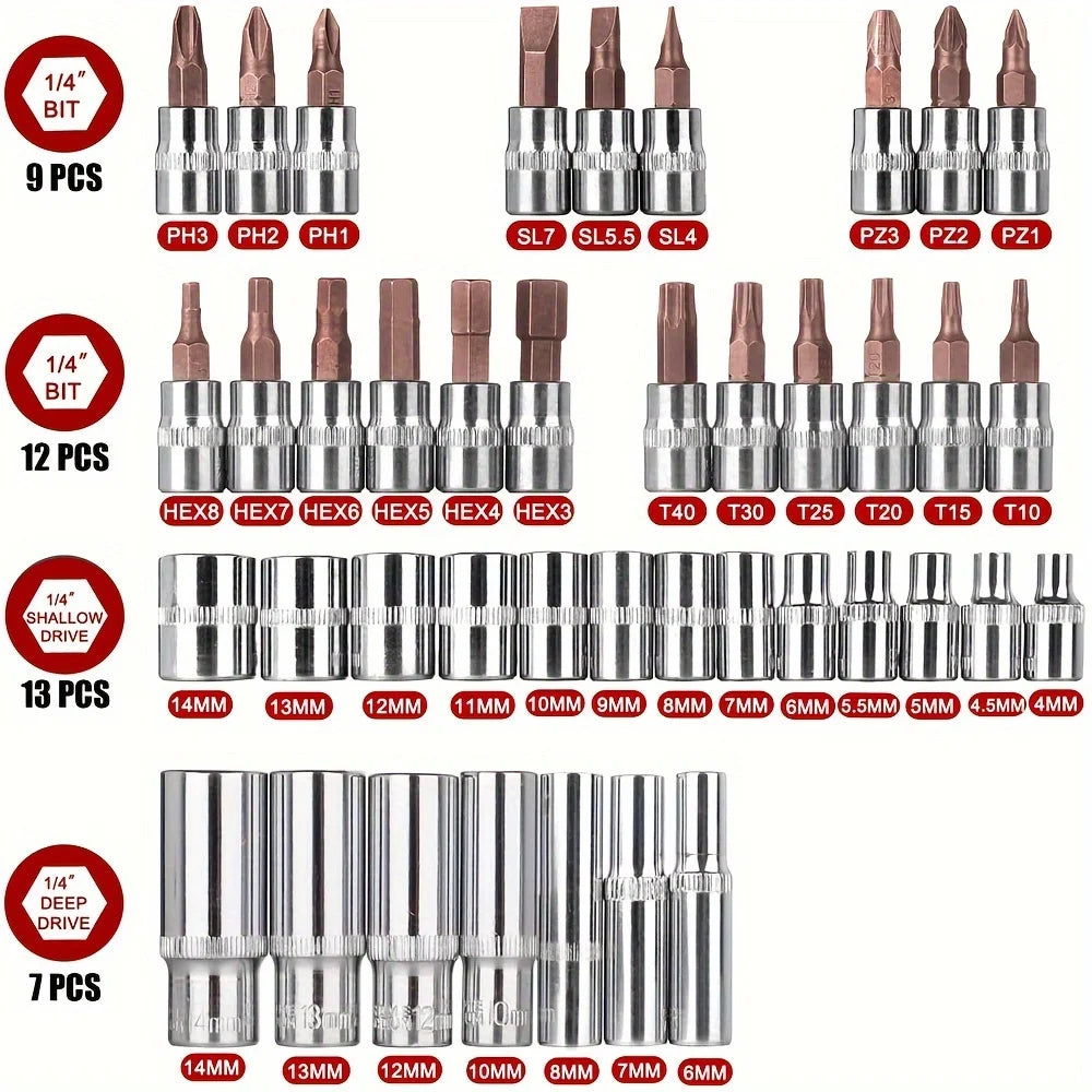 53pcs, 1/4 Inch Drive Socket Ratchet Wrench Set, Bit Socket, Metric And Extension Bar Set For Automotive Repair﻿