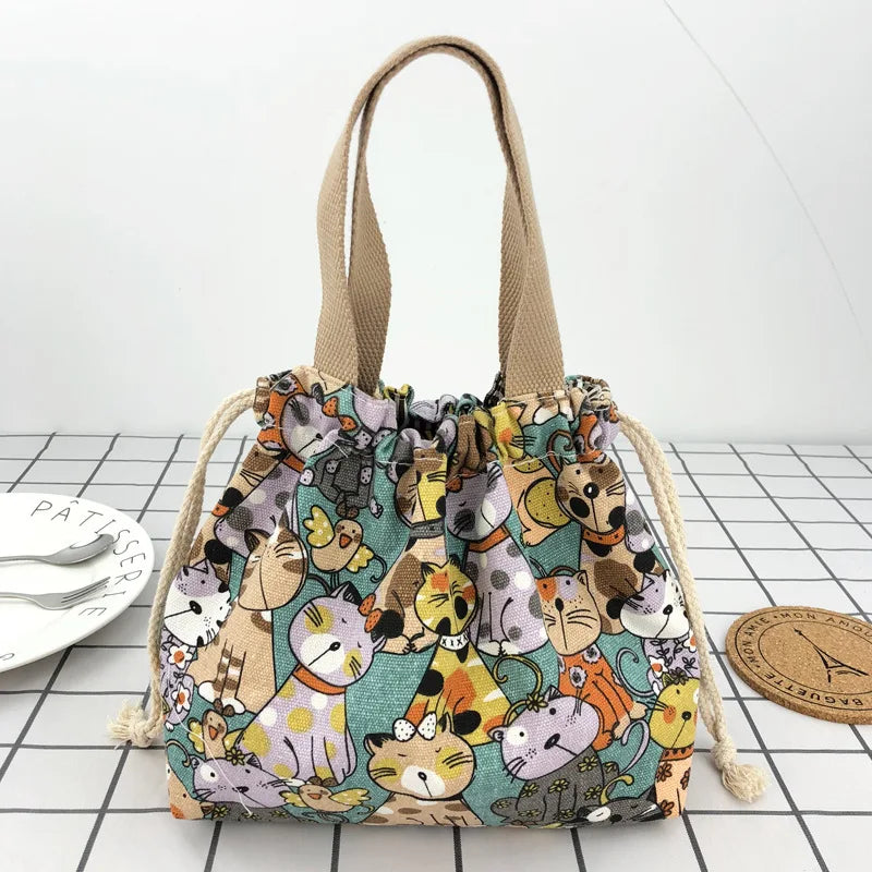 Japanese Cute Canvas Bento Bag Tote Cartoon Anime Drawstring Lunch Bag Foldable for Two Lunch Boxes