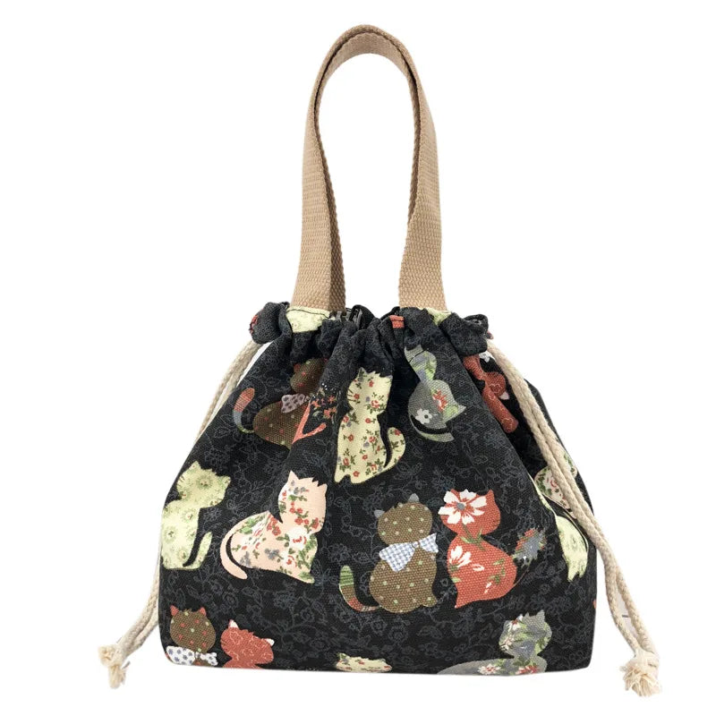 Japanese Cute Bento Bag Tote Canvas Lunch Bag Cartoon Anime Drawstring Bag Foldable for Two Lunch Boxes