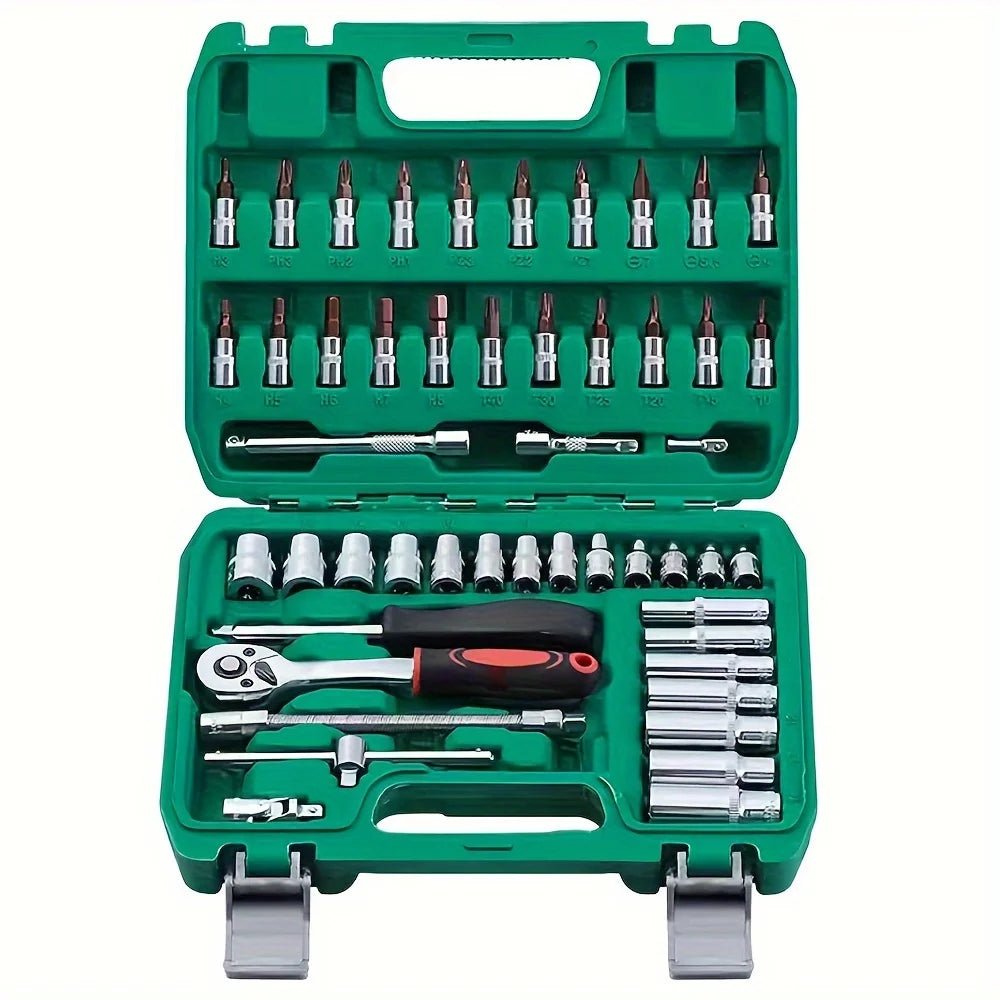 53pcs, 1/4 Inch Drive Socket Ratchet Wrench Set, Bit Socket, Metric And Extension Bar Set For Automotive Repair﻿
