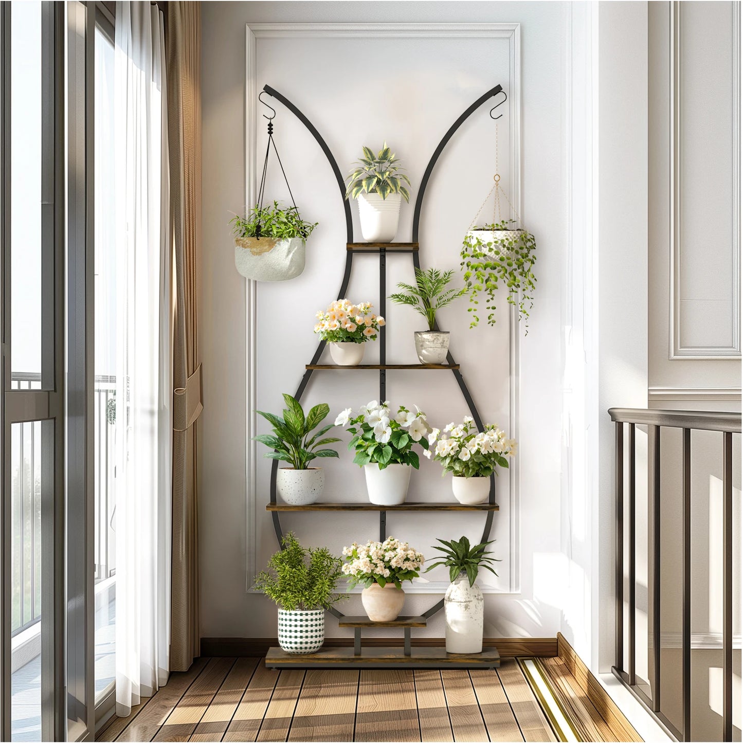 Vase Shape Tall Planter Display Rack Metal Garden Plant Stand with Five Tiers and Hangers