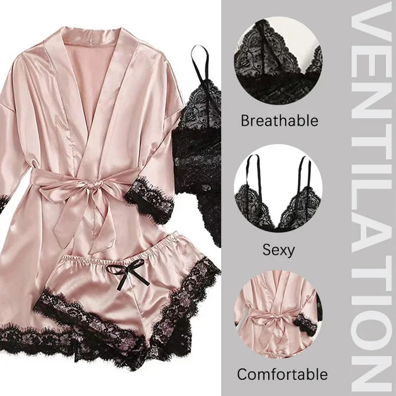 4 Pieces Women's Sleepwear Pajamas Set with Robe Sexy Lace Lingerie Bathrobe Silk Satin Home Nightwear Robe