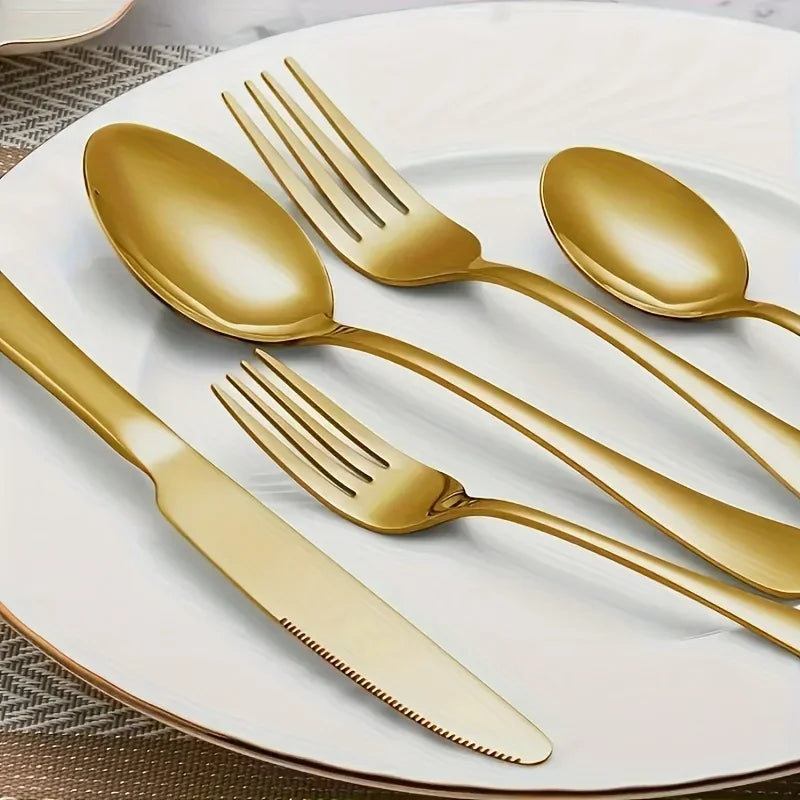 30 60 Piece Luxury Golden Flatware Set Stainless Steel Cutlery Includes Dinner Spoons Dinner Forks Salad Forks Dinner Knives