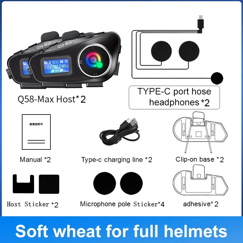 Q58 Max Motorcycle Helmet Bluetooth Intercom IP65 Waterproof 500 Meter Range Multi-Scene Music Sharing