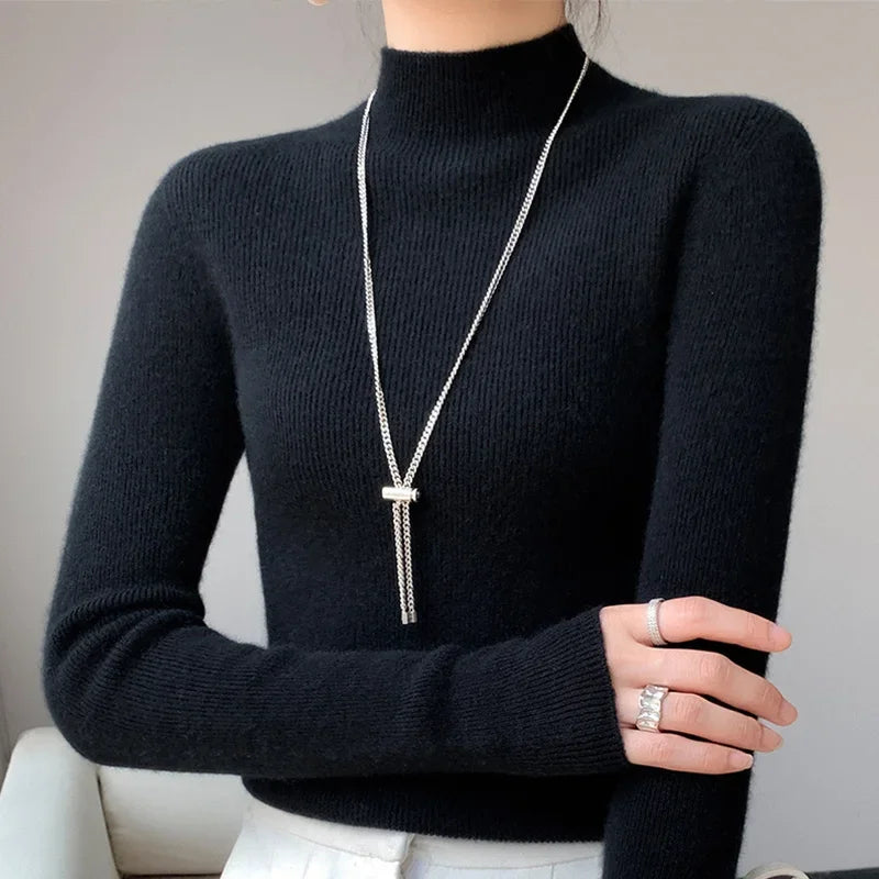 Autumn Winter Women Sweater Slim Fit High Strecth Pullovers  Long Sleeve Inner Wear Mock Neck Knitted Tops Korean Fashion Jumper