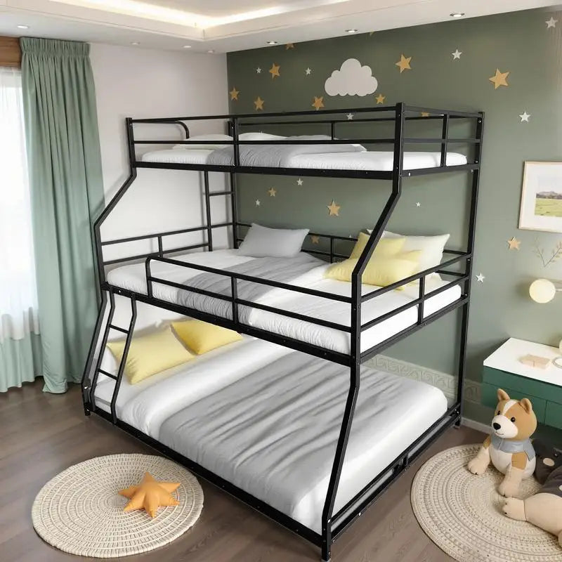 Triple Bunk Bed with Long & Short Ladder, Full-Length Guardrails, Easy Assembly, for Kids, Black Finish